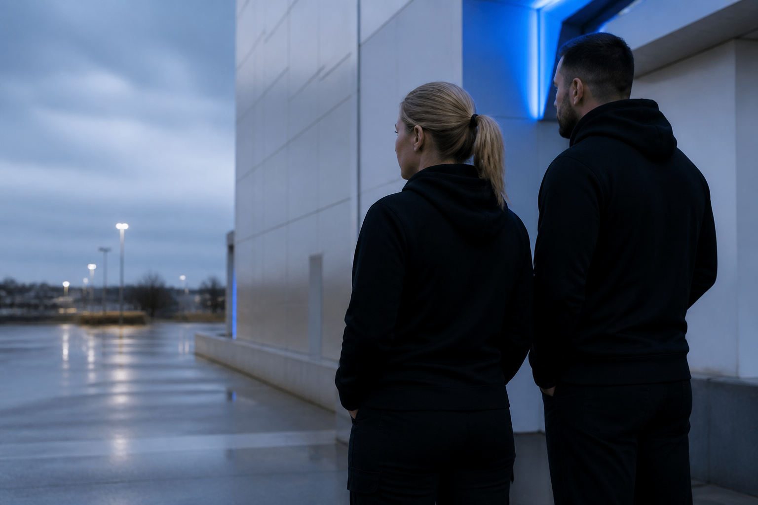 Skyddsam-team i svarta hoodies vid modern byggnad